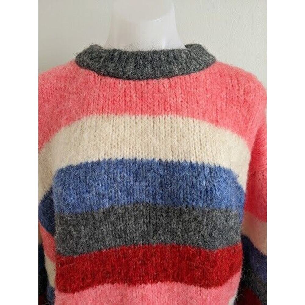 Zara Knit Medium Knitted Sweater Pullover Grey Pink Blue Colorblock Crew Neck - Picture 3 of 8